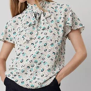 Ann Taylor Floral Mock Neck Bow Blouse